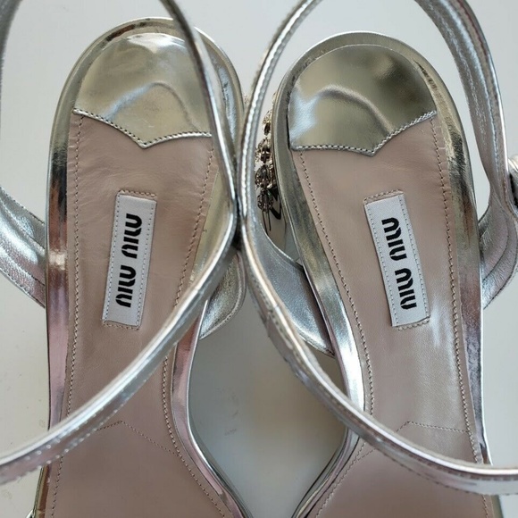 Miu Miu Embellished Sandals Heel Shoes - Silver - Picture 4 of 8